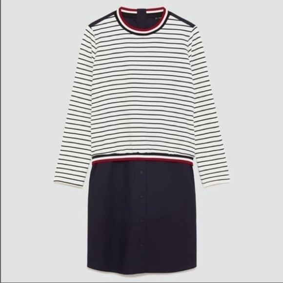 Zara Striped White Navy Long Sleeve Button Front Shift Dress half Sweater XS - Picture 4 of 16